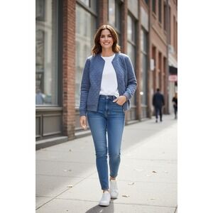 EUC Talbots Petite Medium Blue Quilted Jacket Zip Front Heathered Knit